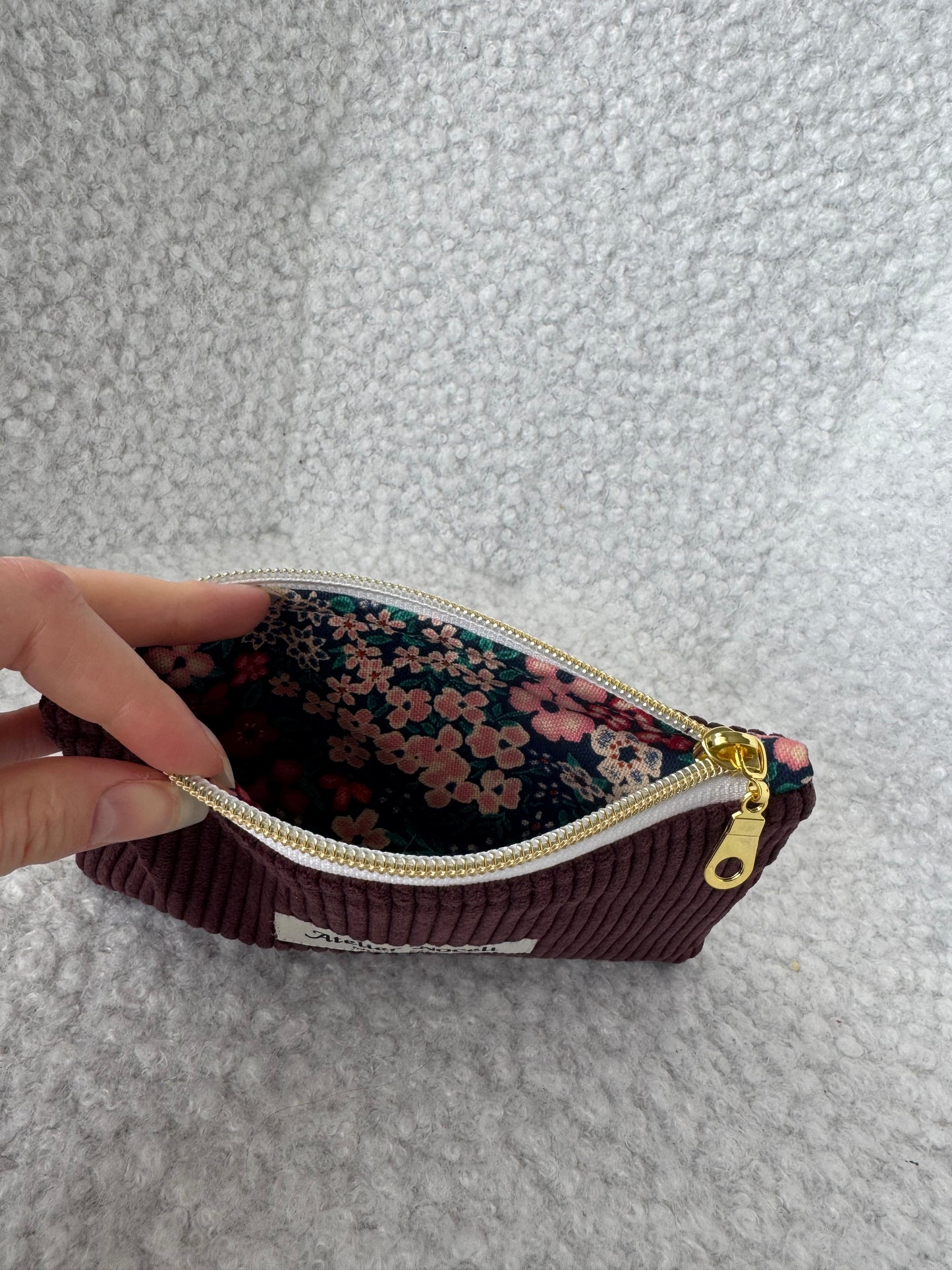 Porte monnaie/ Porte cartes en velours cotelé prune