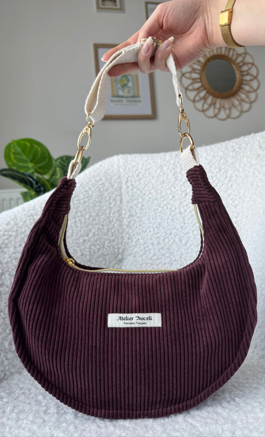 Sac demi-lune AURORE velours côtelé prune