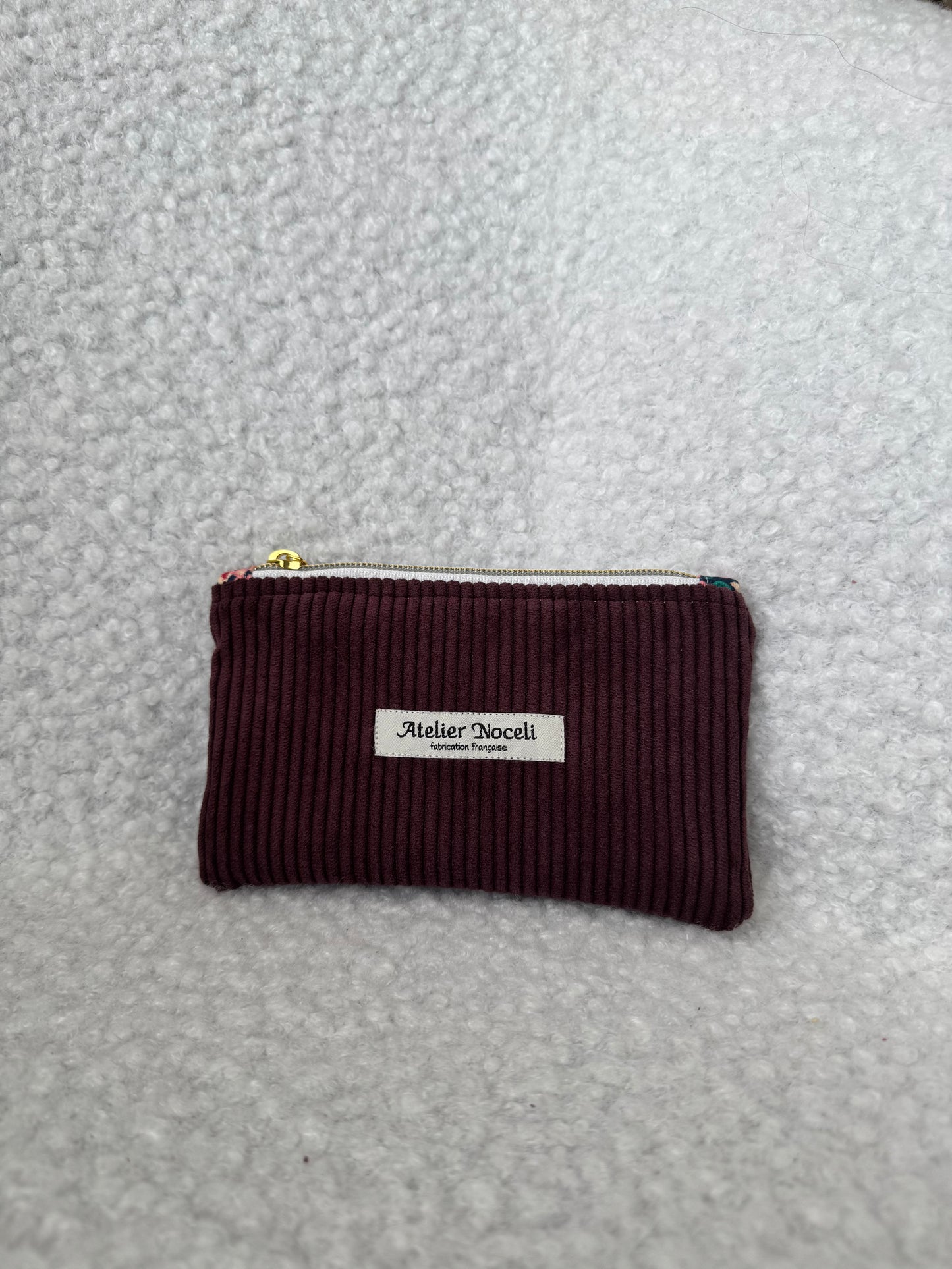 Porte monnaie/ Porte cartes en velours cotelé prune