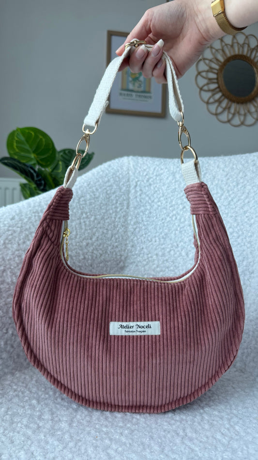 Sac à main demi-lune AURORE velours côtelé rose pâle