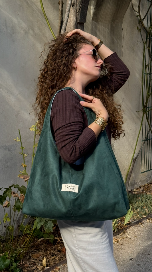 sac cabas sac fourre tout sac tote bag vert sapin suedine cuir vegan