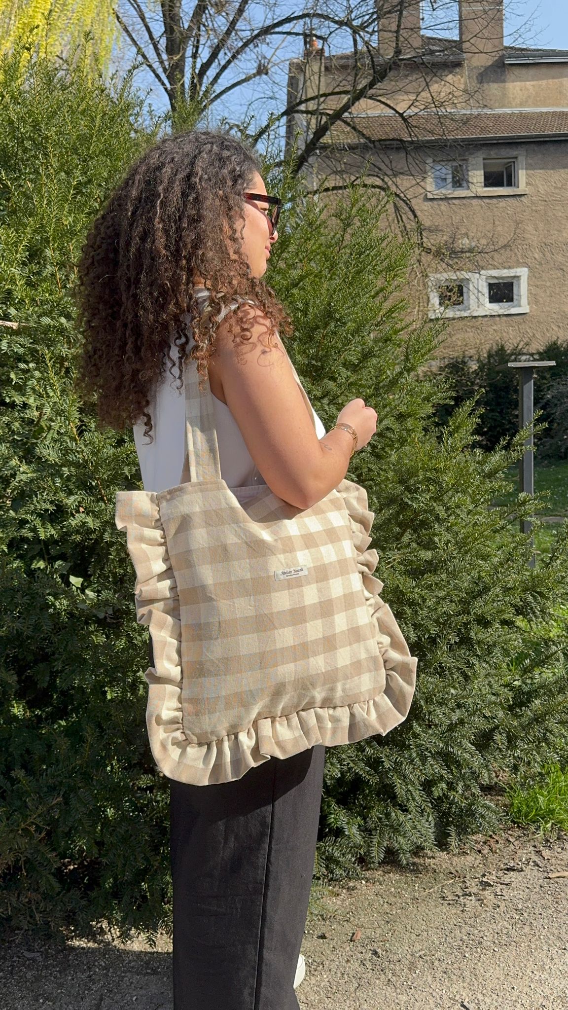 Sac tote bag SUN à carreaux marron beige