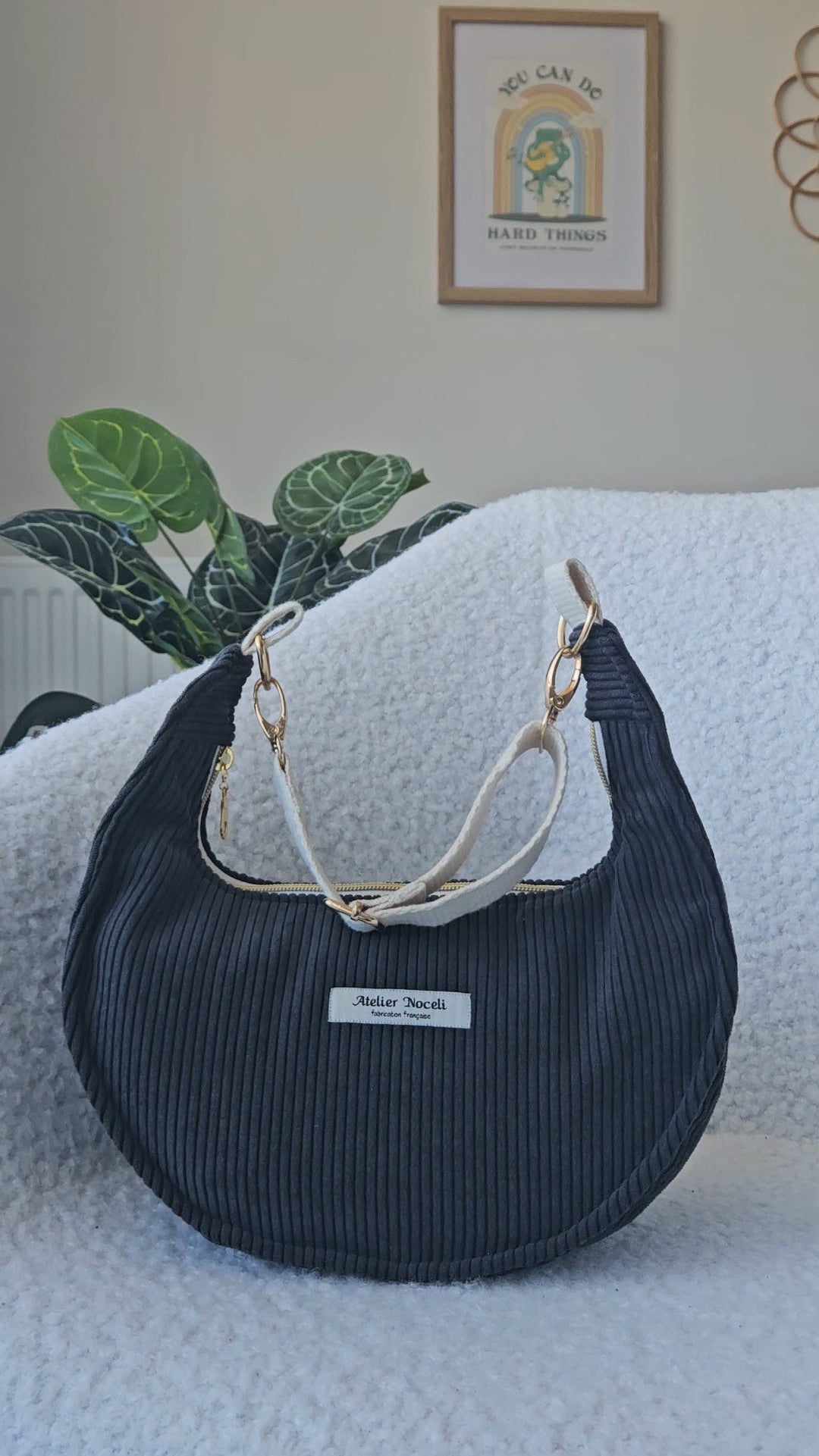 sac a main velours cotelé fait main en france couleur gris anthracite noir