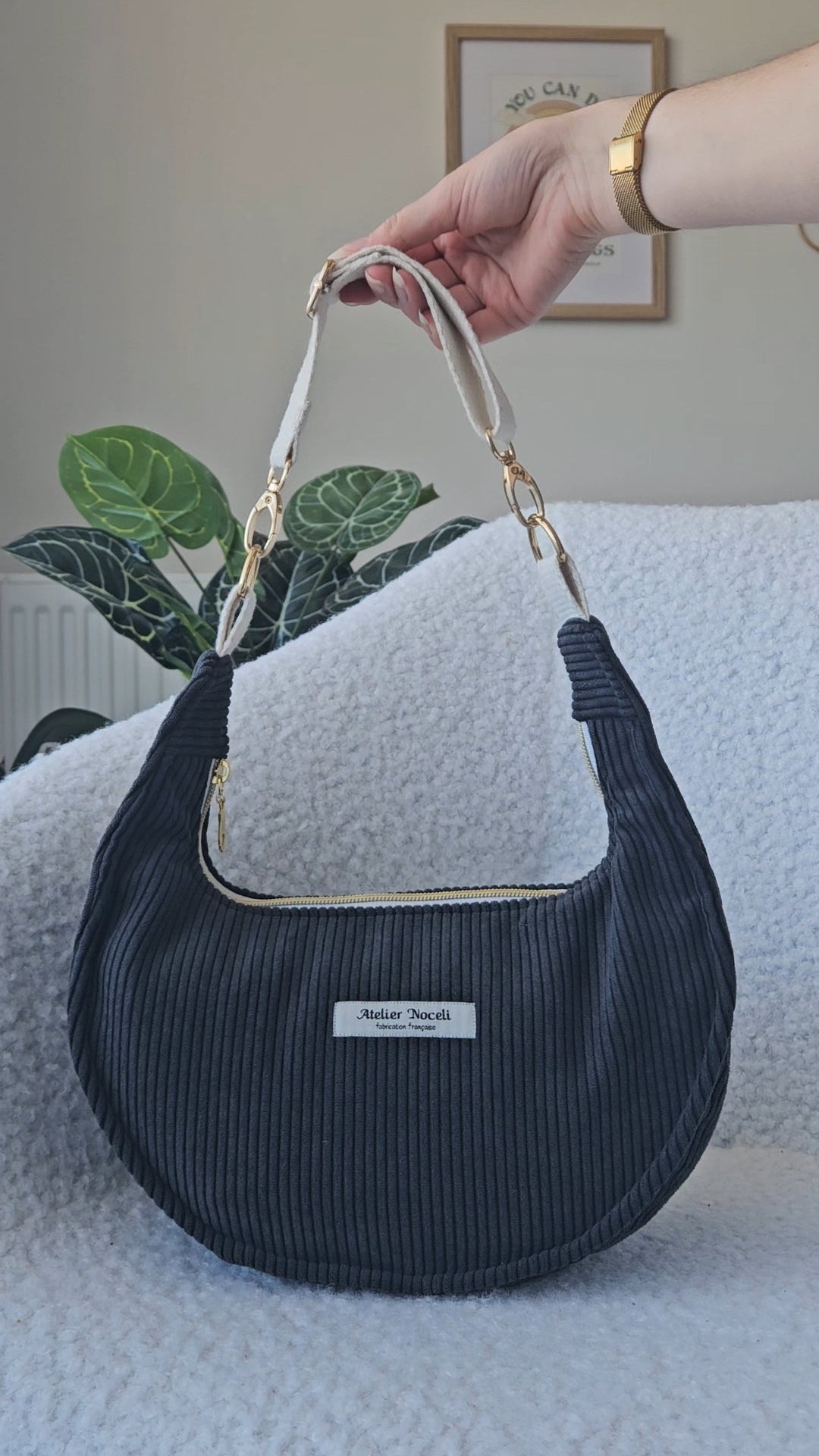 sac a main velours cotelé fait main en france couleur gris anthracite noir