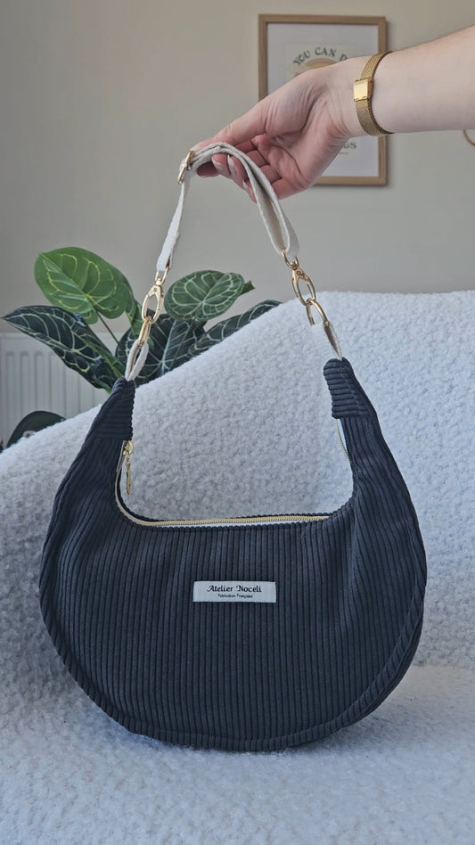 sac a main velours cotelé fait main en france couleur gris anthracite noir