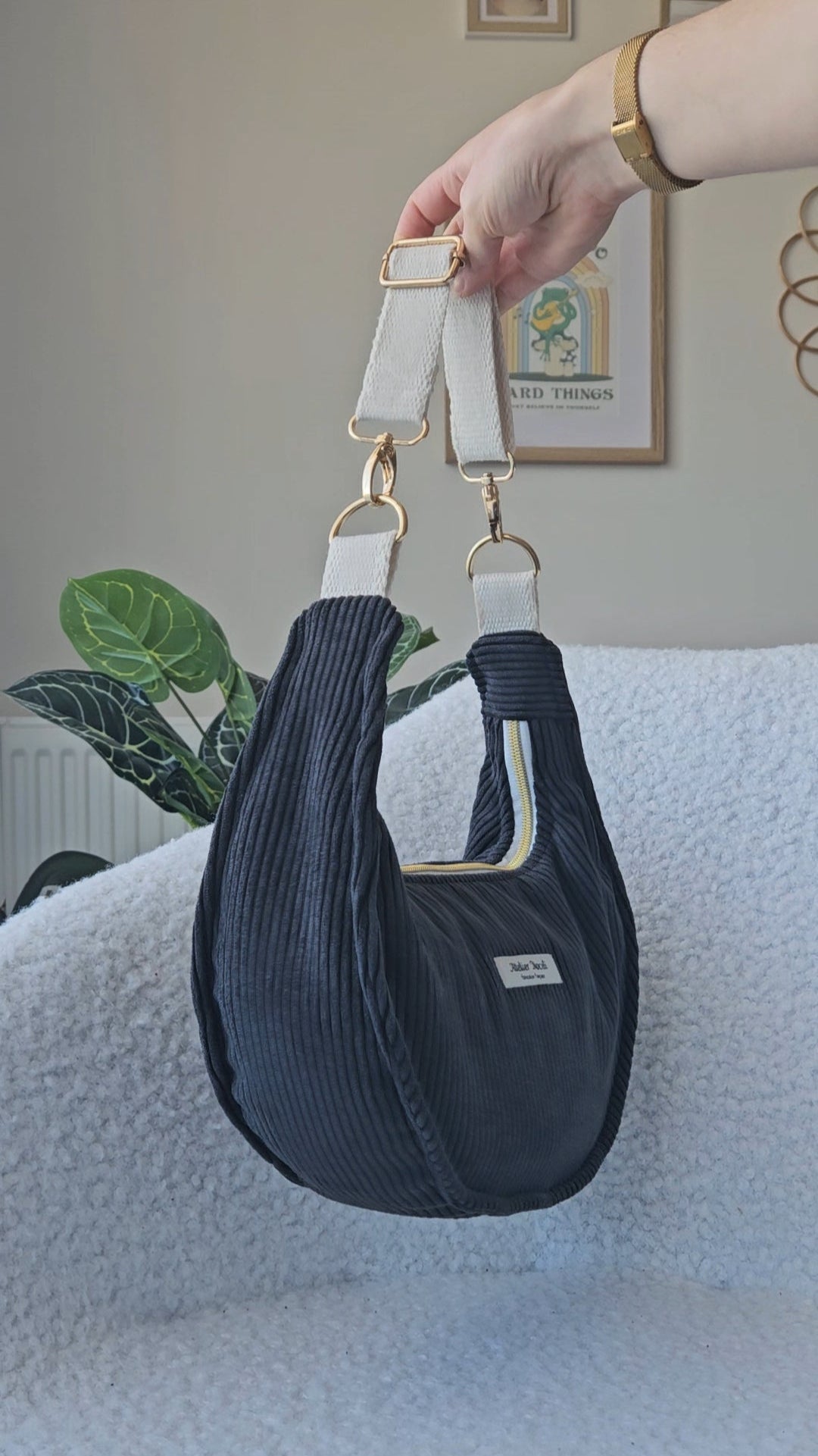 sac a main velours cotelé fait main en france couleur gris anthracite noir