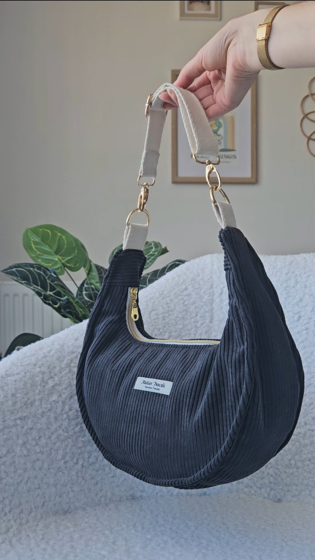 sac a main velours cotelé fait main en france couleur gris anthracite noir